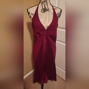 Satin & Crinkle Chiffon Halter Neck Burgundy Evening Dress